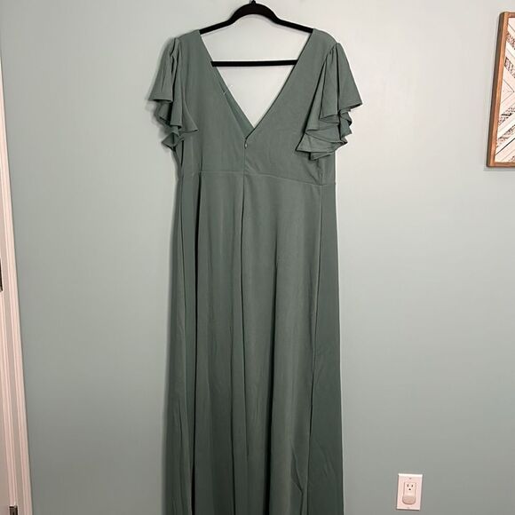 Birdy Grey Hannah Flutter Sleeve Bridesmaid Dress Slit in Sea Green Crepe NWT - Picture 6 of 7